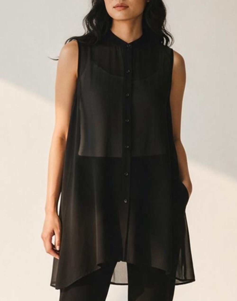 A5 Authentic EILEEN FISHER Black 100% Silk Georgette Button Front Tunic Size PL